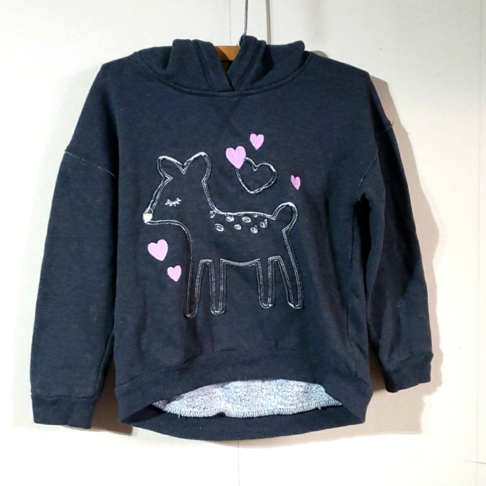 4/$20 Joe Fresh 5T charcoal grey purple girls cozy hoodie, deer hearts applique
